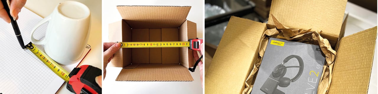 E-handelslådor med diverse produkter och packmaterial inuti