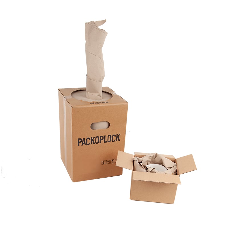 Locked Paper® Packpapper på rulle av 100% återvunnet papper i dispenser